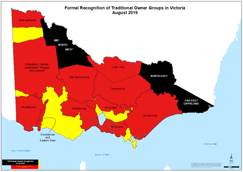 Map of Victoria which shows Traditional Owner Groups in Victoria that were engaged with, including mid north west, north east and far east Gippsland.