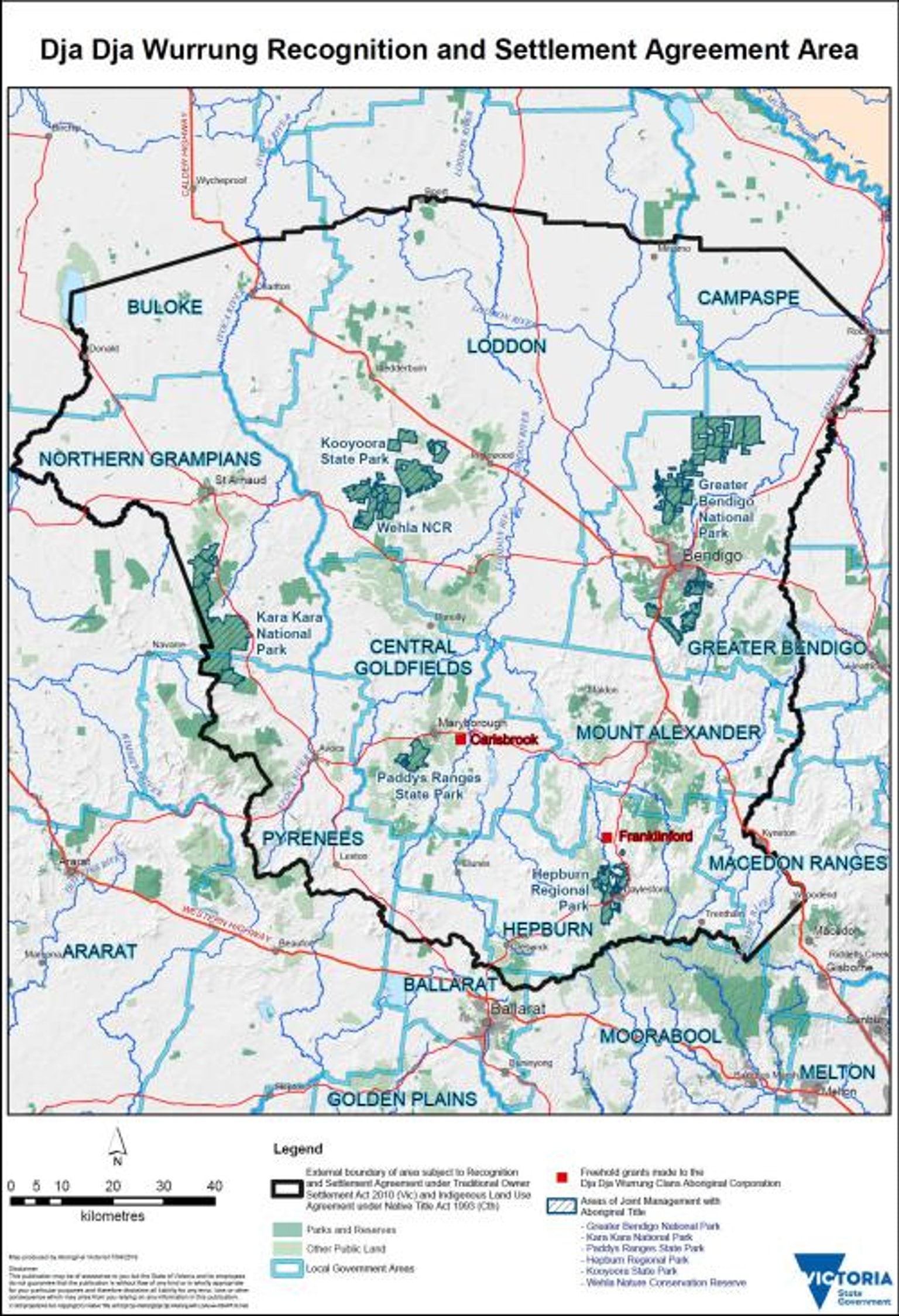 Map of the Dja Dja Wurrung Land Use Activity Agreement. The map charts a significant portion of land that has been covered by the agreement, and includes Hepburn, Campase, Northern Grampians, Lodden and portions of Greater Bendigo and the Macedon Ranges.