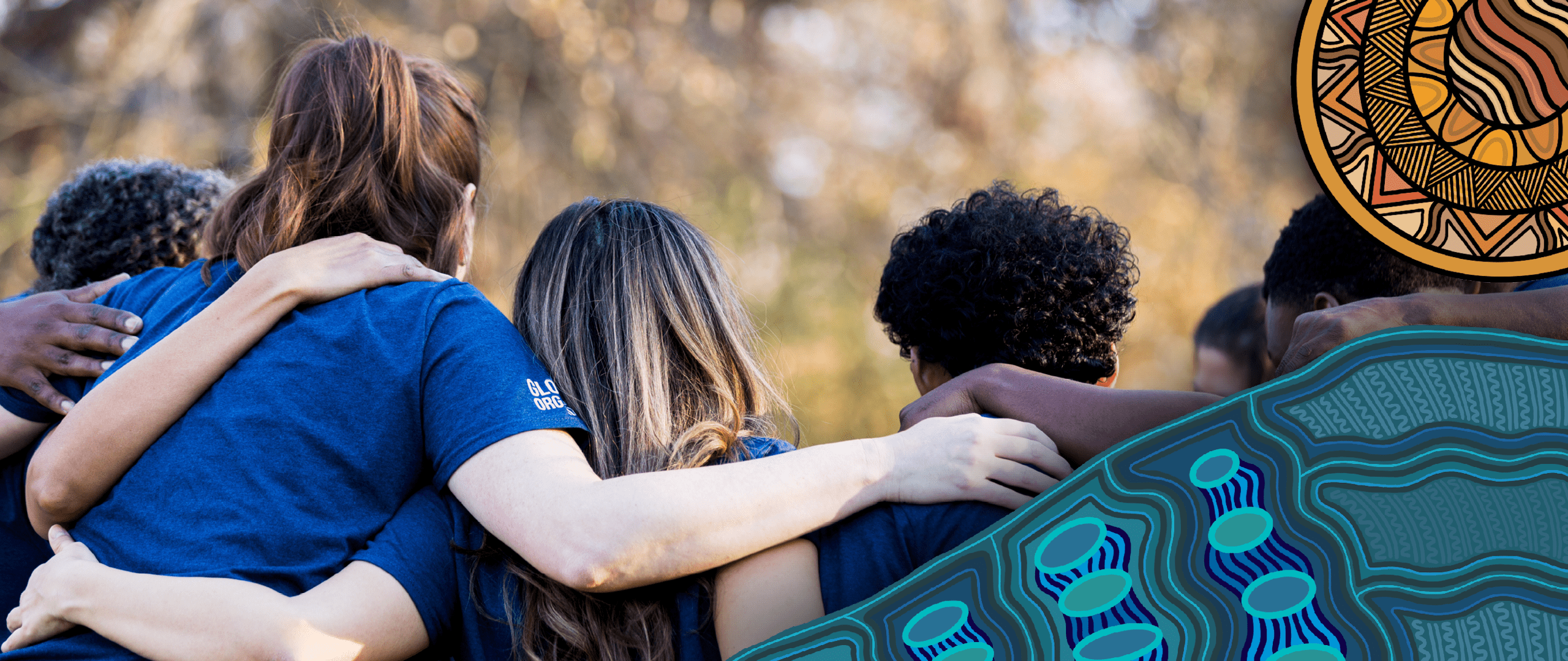 A group of young people from diverse backgrounds lock arms. The corners of the image have Aboriginal artwork.