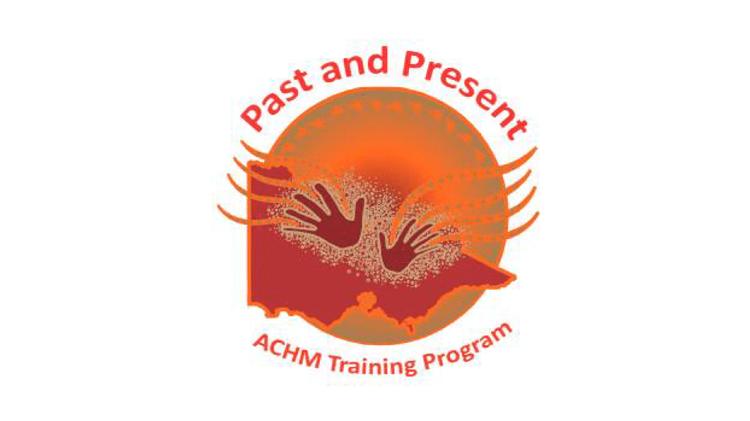 Logo for the ACHM Training Program, showing two hands across a map of Victoria